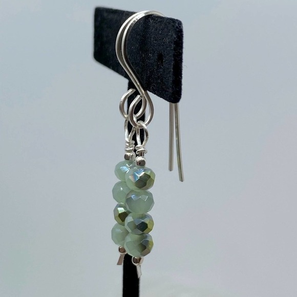 Mint Green Sterling Silver Dangle Earrings 2” Hammered French Wire Handmade Gift - Picture 6 of 10